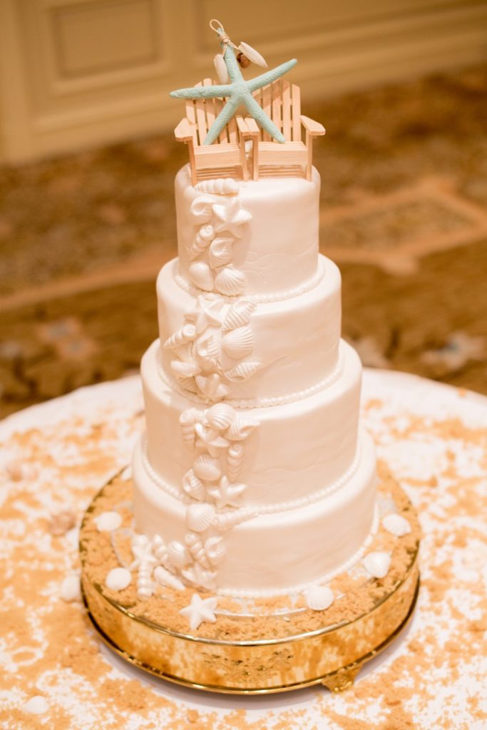 Eau Palm Beach Florida Destination Wedding photos by Mikkel Paige Photography. The luxurious reception was held in the gold ballroom, with a white tiered and shell cake.