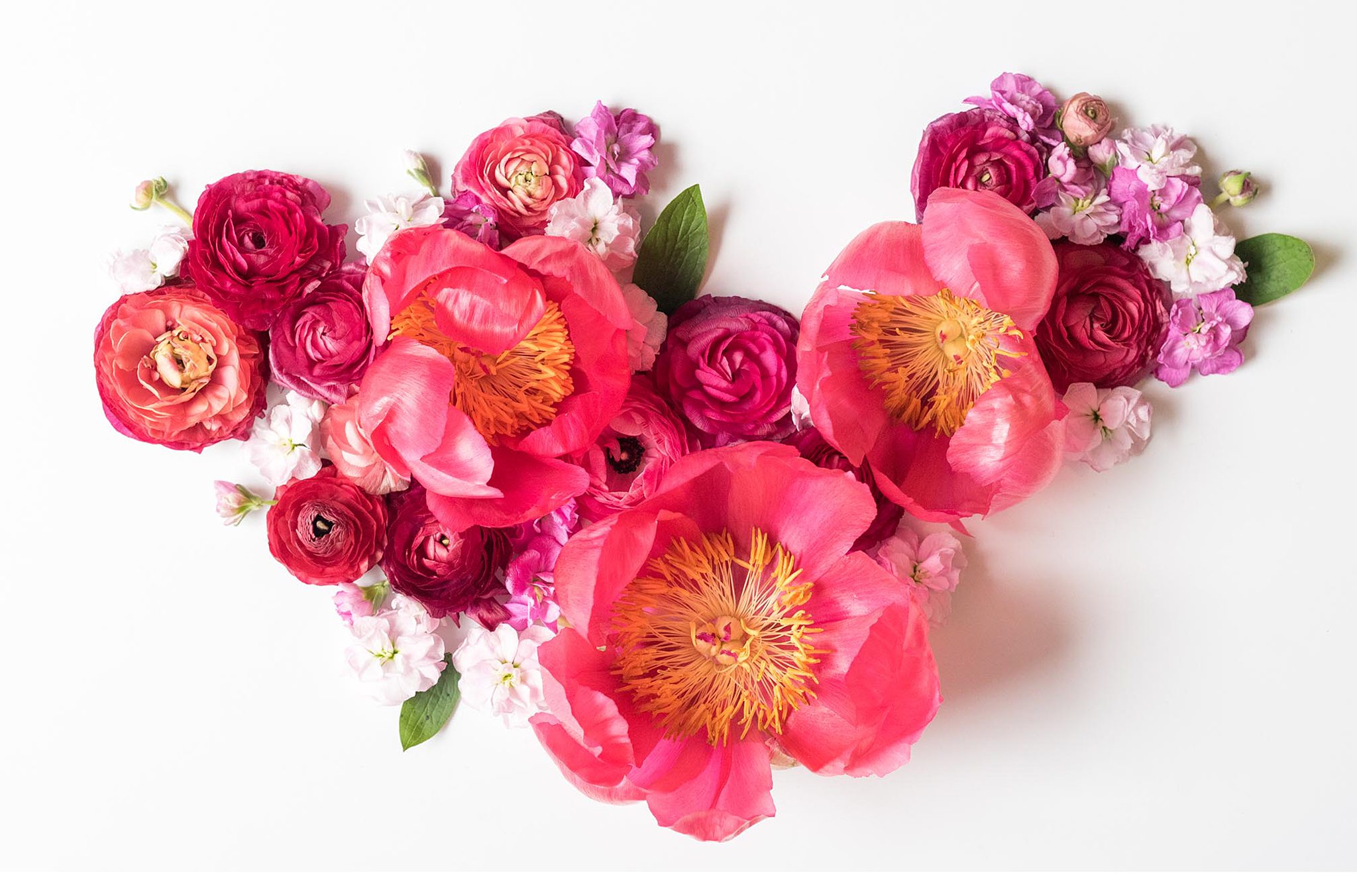 Flat lay photography by destination and luxury wedding photographer Mikkel Paige Photography. Pink peonies and berry ranunculus were styled by the photographer to create this memorable picture.