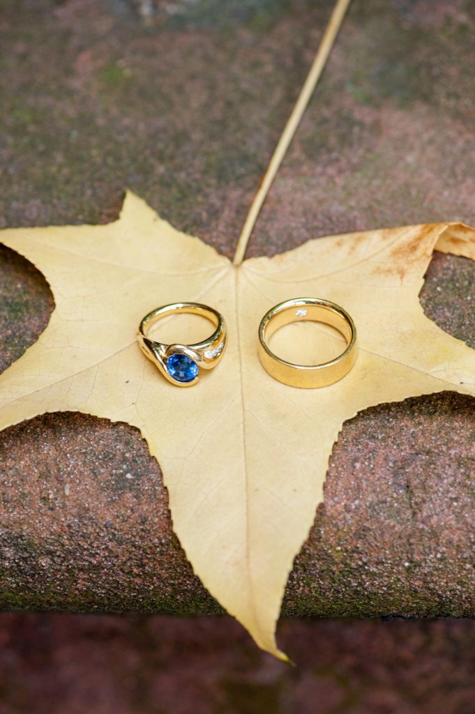 Gold rings with diamonds and sapphires for a small Brooklyn wedding in NYC during fall with photos by Mikkel Paige Photography.