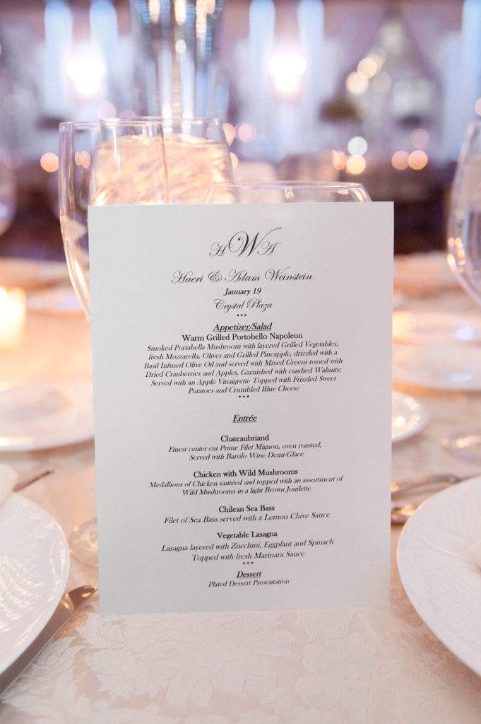A reception menu at a Crystal Plaza wedding in New Jersey with photos by Mikkel Paige Photography.