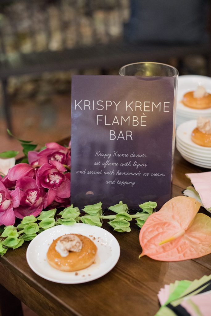 Fuquay-Varina wedding at Highgrove Estate in North Carolina with photos by Mikkel Paige Photography. Krispy Kreme Flambe Bar was an innovative and fun dessert idea.