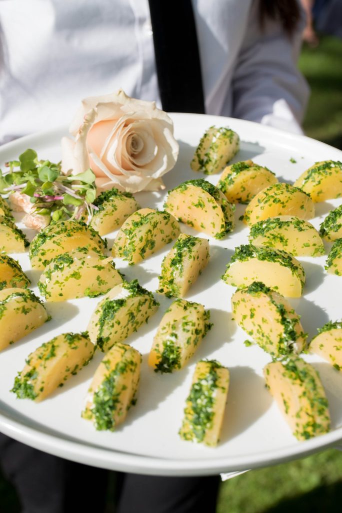 Outdoor cocktail hour and hors d'oeuvres at a Hudson Valley Wedding with photos by Mikkel Paige Photography.