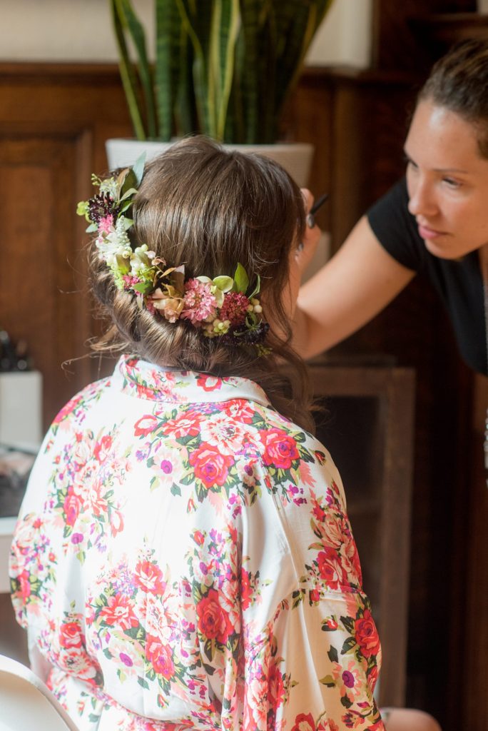 Mikkel Paige Photography - Prospect Park Boathouse wedding in Brooklyn, New York. Photos of the bride getting ready with flowers in her hair by Sachi Rose Designs.