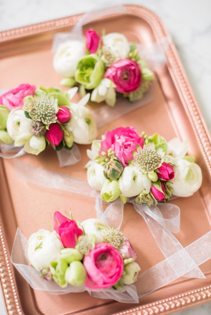 Corsages photography by Mikkel Paige Photography and created by Eclectic Sage florist for a wedding venue in Raleigh NC, Merrimon-Wynne.