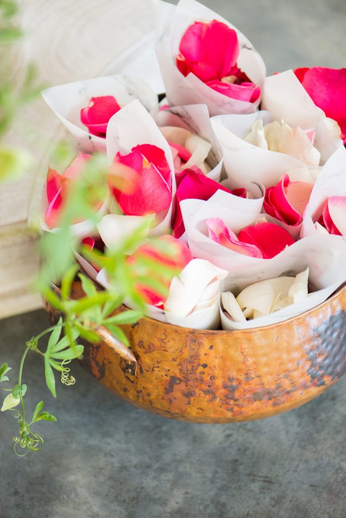 Photography of the ceremony setup and petal toss cones for a colorful ceremony by Mikkel Paige Photography. Floral arrangements created by Eclectic Sage for a wedding venue in Raleigh NC, Merrimon-Wynne.