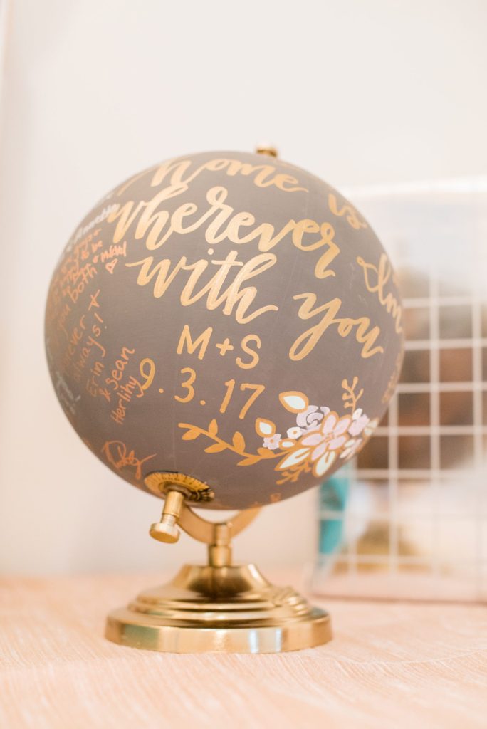 Signing globe of the world for a luxury wedding at Merrimon-Wynne House photographed by Mikkel Paige Photography in Raleigh, North Carolina.