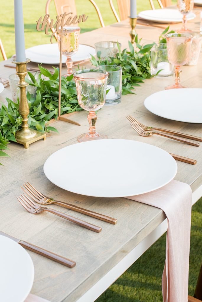 Table setting at an upscale wedding at indoor/outdoor venue, Merrimon-Wynne House. Photographed by Mikkel Paige Photography in Raleigh, NC. Flowers by Eclectic Sage, rentals from Cottage Luxe, and planning by C&D Events.
