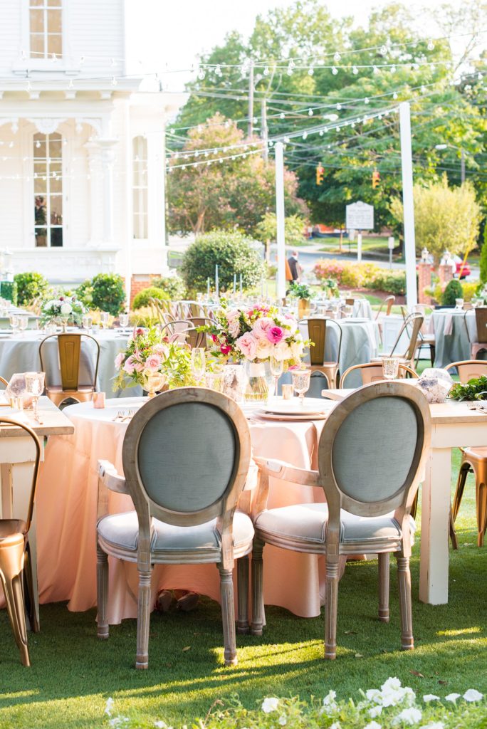 Reception flowers for an upscale wedding at indoor/outdoor venue, Merrimon-Wynne House. Photographed by Mikkel Paige Photography in Raleigh, NC. Flowers by Eclectic Sage and planning by C&D Events.