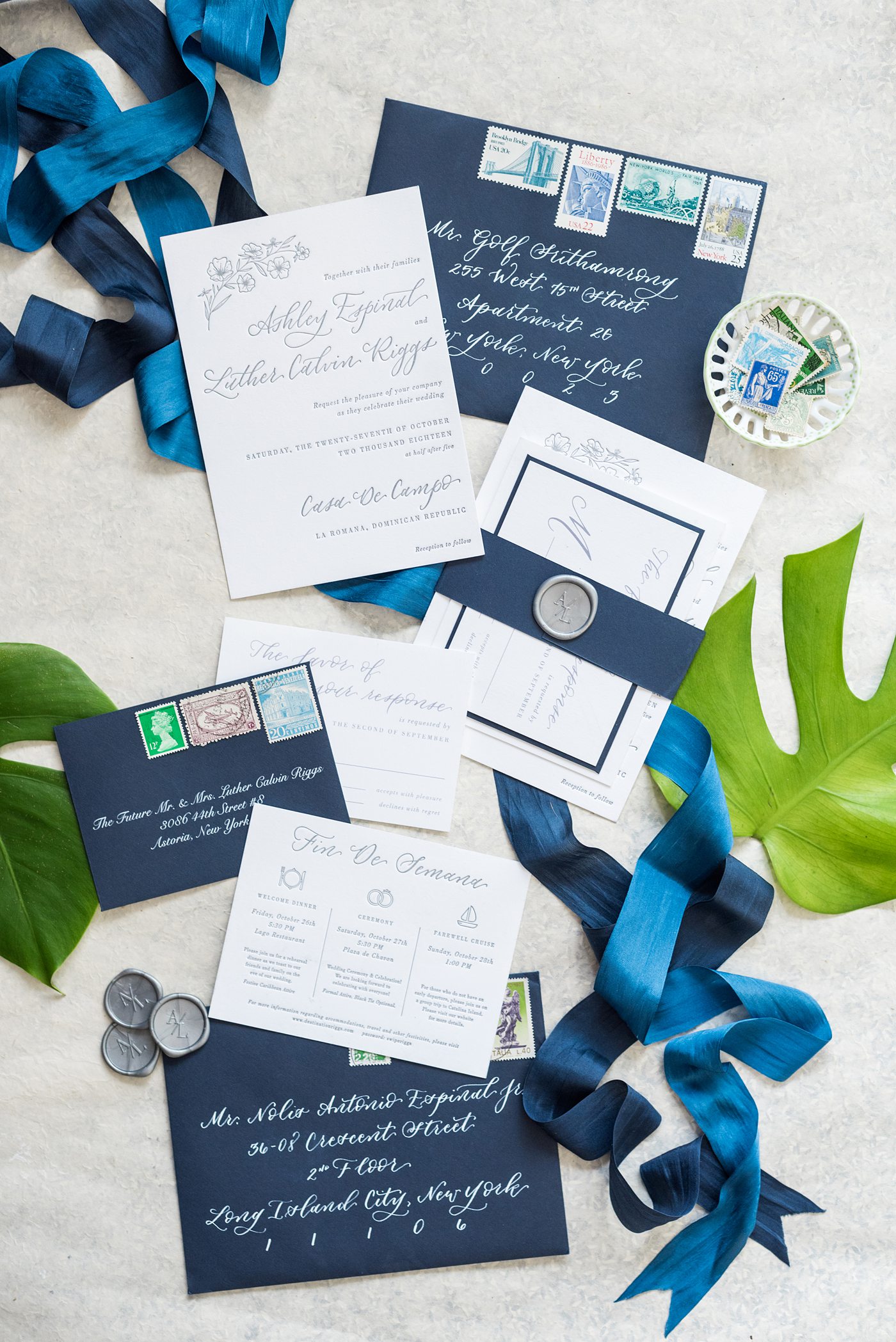 Flat lay styling for luxury weddings and events by Mikkel Paige Photography. This blue and white stationery suite was for a destination wedding at Casa de Campo in the Dominican Republic.