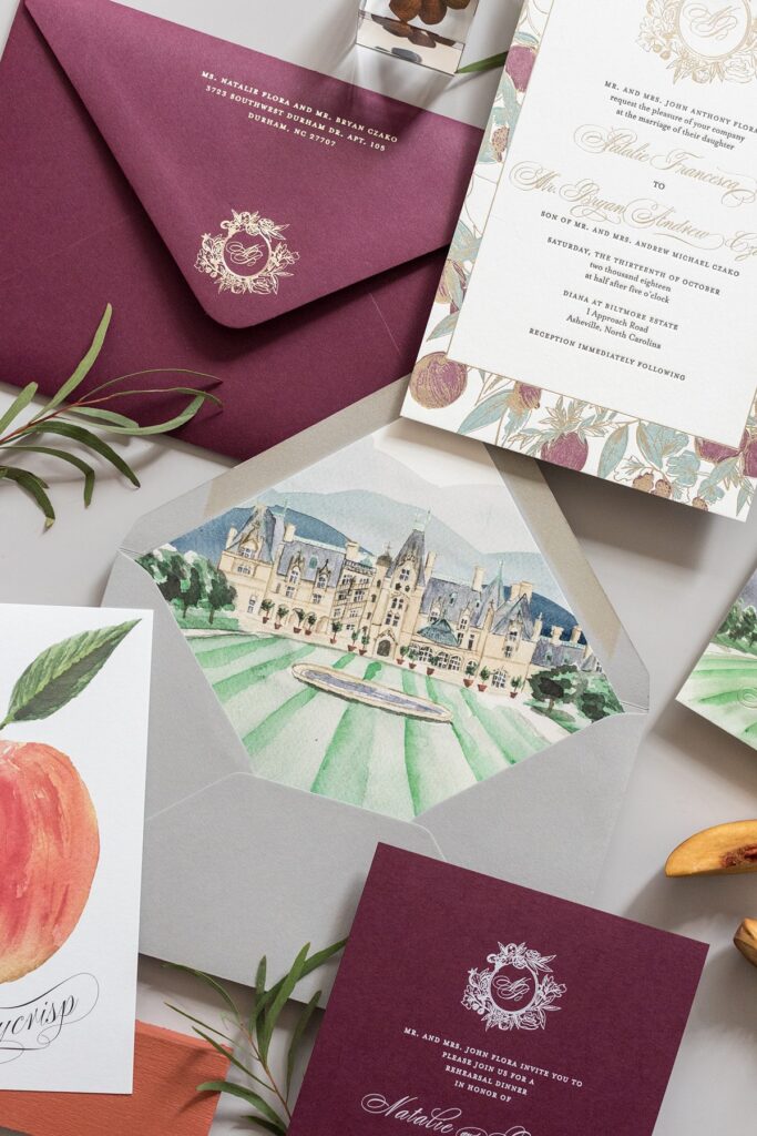 Stationery set flat lay photos by Mikkel Paige, with the interior envelope liner with the Biltmore in Asheville, NC.