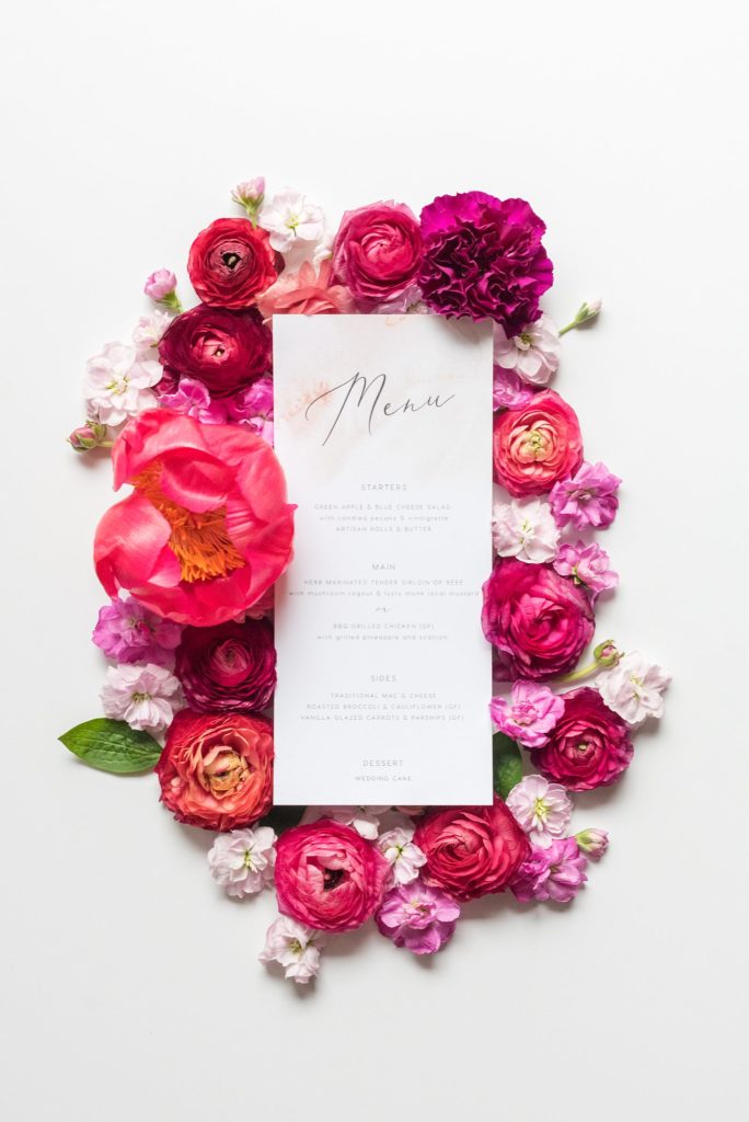 Flat lay styling for destination weddings and events by Mikkel Paige Photography. This menu was for a luxury wedding in downtown Raleigh, North Carolina.