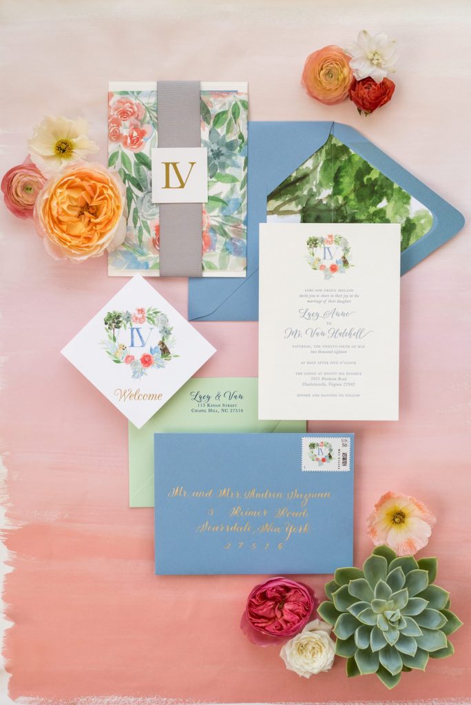 Flat lay styling for destination weddings and events by Mikkel Paige Photography. This hand made stationery, designed by One and Only Paper, was for a luxury, high end wedding at Mount Ida Farm in Charlottesville, Virginia with planning by Viva L'Event.