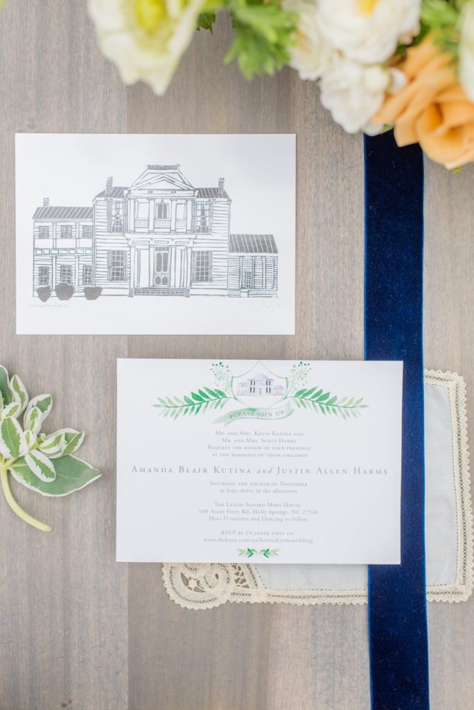 Small wedding in North Carolina with photos by Mikkel Paige Photography. The reception for less than 50 people had many details like a linocut print of the venue on their wedding invitation.