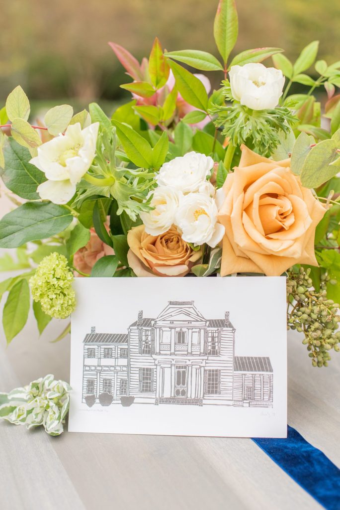 Small wedding in North Carolina with photos by Mikkel Paige Photography. The reception for less than 50 people had many details like a linocut print of the venue on their wedding invitation.