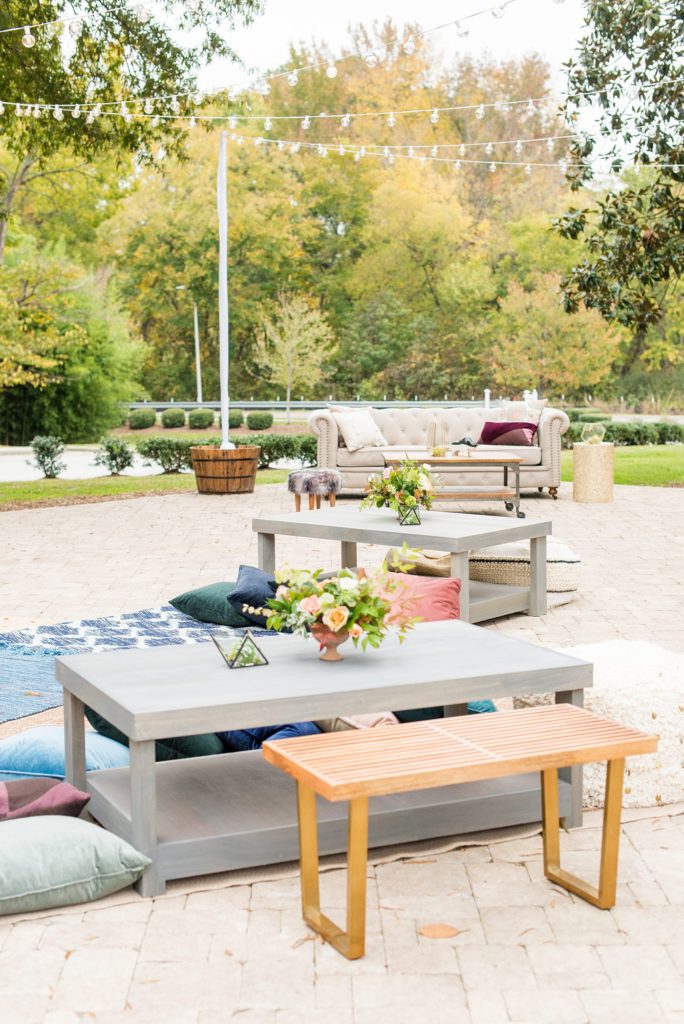 Small wedding in North Carolina with photos by Mikkel Paige Photography. The reception for less than 50 people had mixed seating and jewel tones.