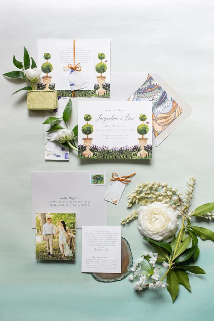 Garden themed wedding stationery with topiaries and paper you can plant.