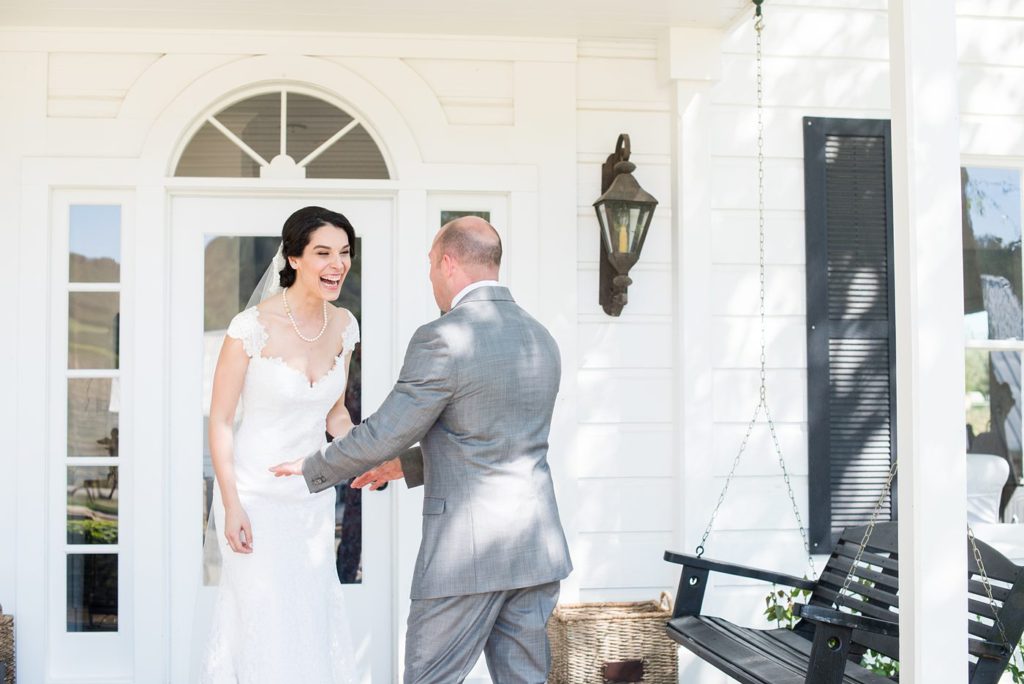 The bride and groom's first look for their small destination venue, HammerSky vineyards, elopement. It was a vineyard wedding in Paso Robles, California, with Mikkel Paige Photography.