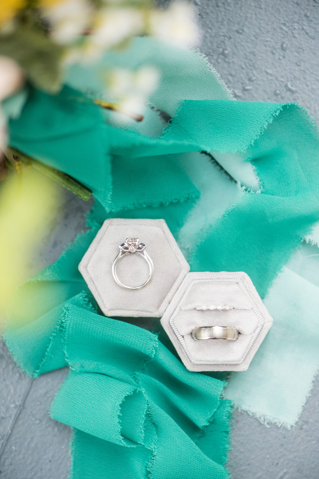 Rings in a grey velvet ring box captured by Mikkel Paige Photography. The detail photo was part of a small outdoor ceremony in Raleigh, NC.