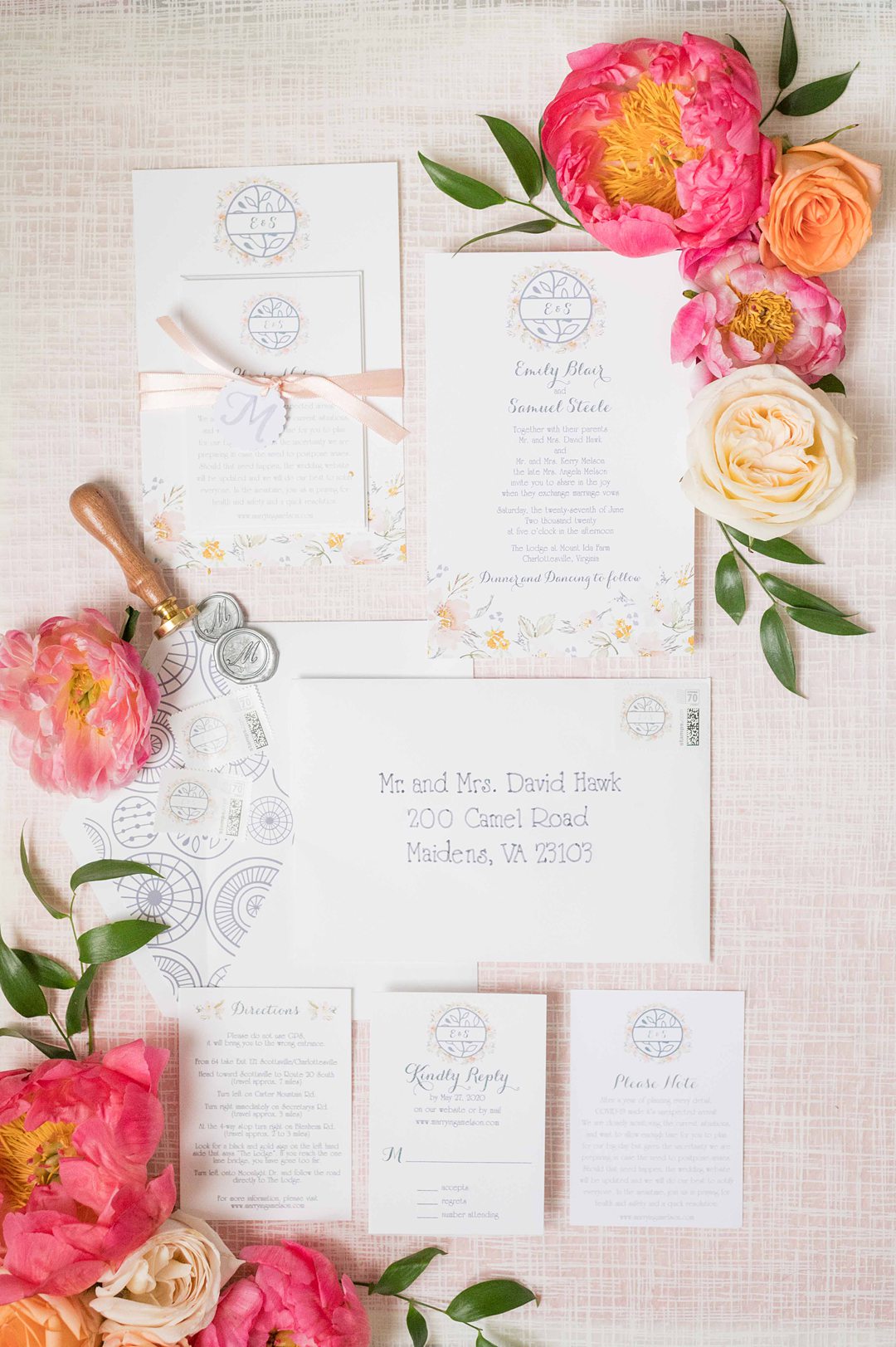 Invitation suite for a pink and blue summer wedding at The Lodge at Mount Ida Farm, in Charlottesville, Virginia. This small wedding was photographed by Mikkel Paige Photography.