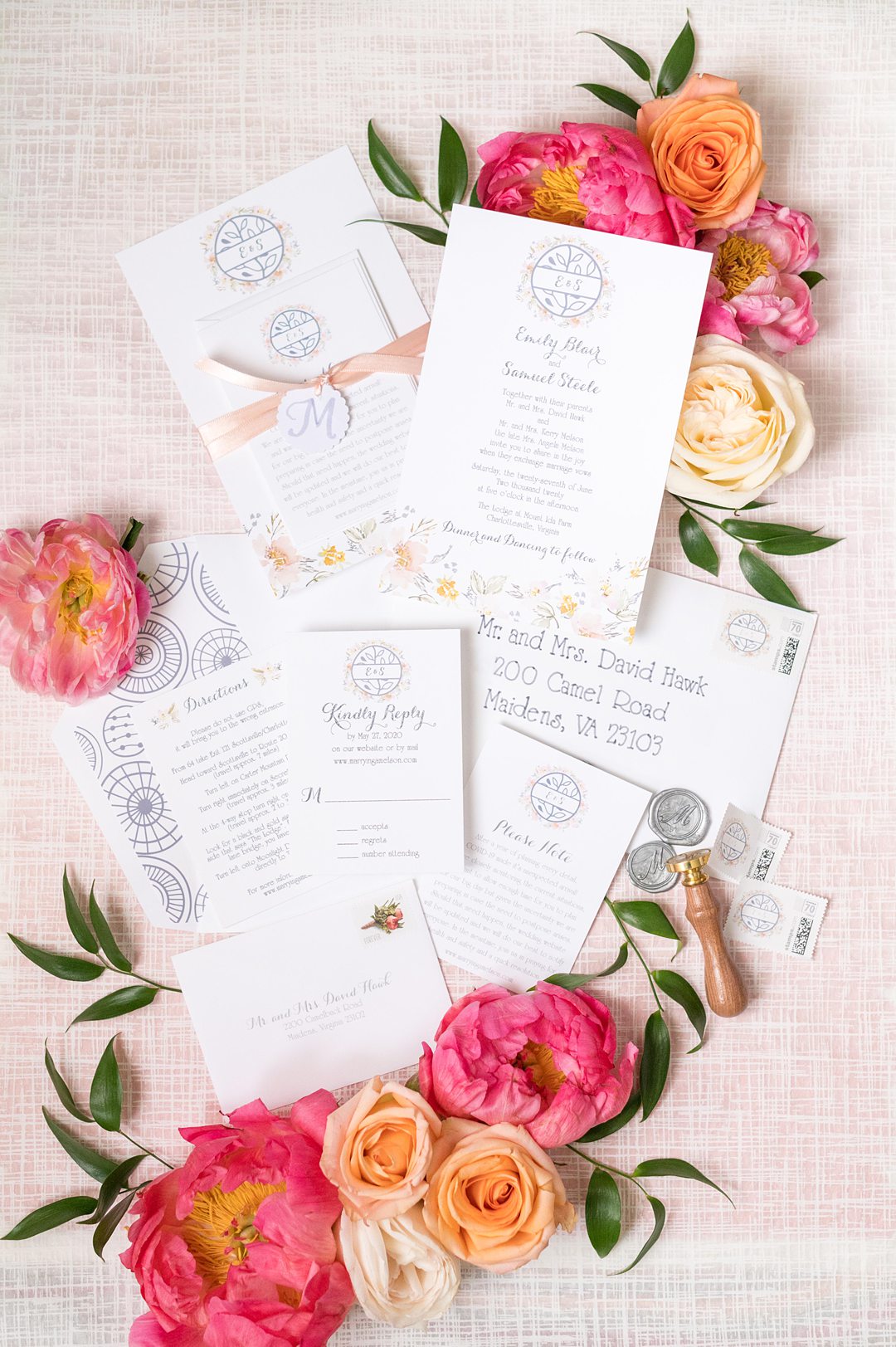 Invitation suite for a pink and blue summer wedding at The Lodge at Mount Ida Farm, in Charlottesville, Virginia. This small wedding was photographed by Mikkel Paige Photography.