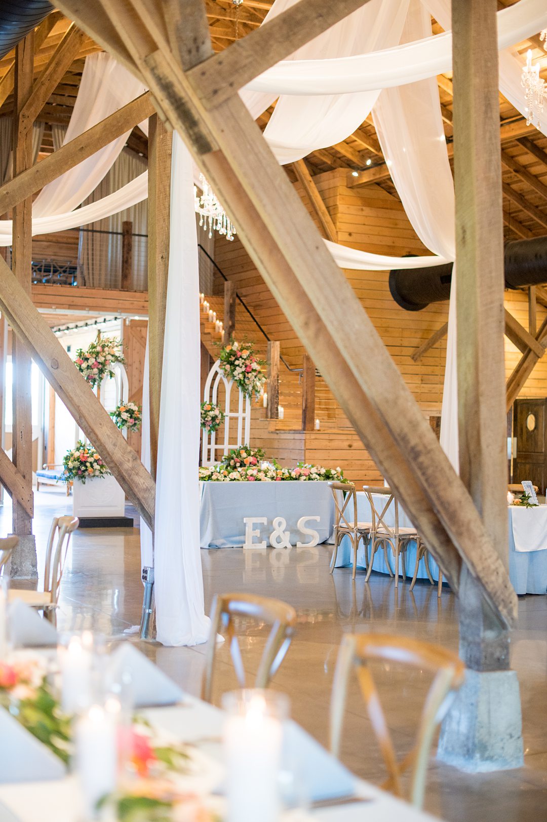 A socially distanced small wedding reception in a barn at the Lodge at Mount Ida Farm, in Charlottesville, VA. Photos by Mikkel Paige Photography. #mikkelpaige #covidwedding #charlottesvilleva