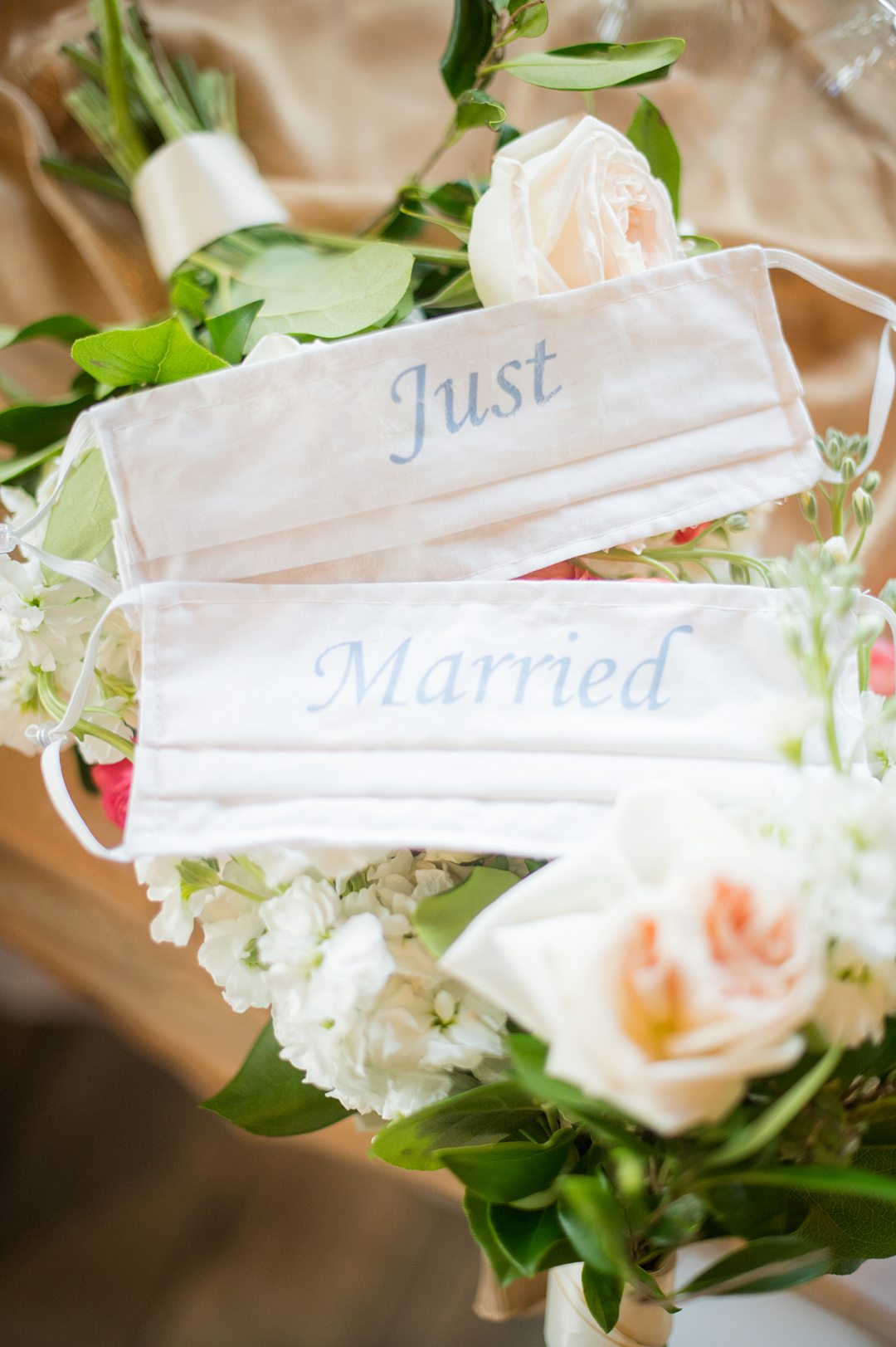 Just Married face masks for a small wedding during COVID at the Lodge at Mount Ida Farm. Photos by Mikkel Paige Photography. #mikkelpaige #covidwedding #smallweddingcharlottesville