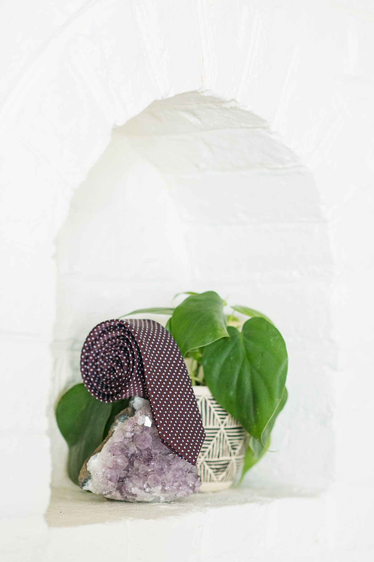 Purple tie rolled up next to a green plant and piece of purple amethyst gemstone.