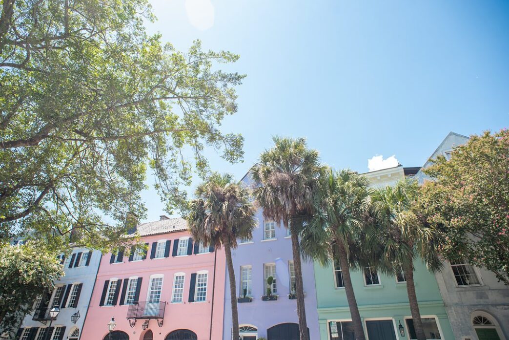 Rainbow Row in Charleston with its colorful facades. Near wedding venues in Charleston, SC.