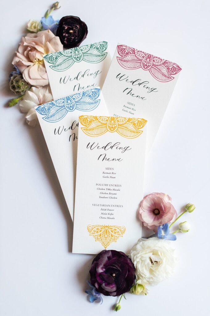 Wedding menus for a colorful Indian weddings.
