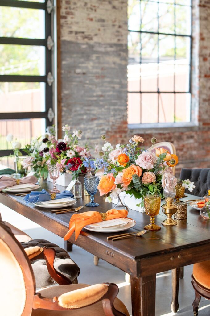 Colorful reception table for an Indian wedding in North Carolina.