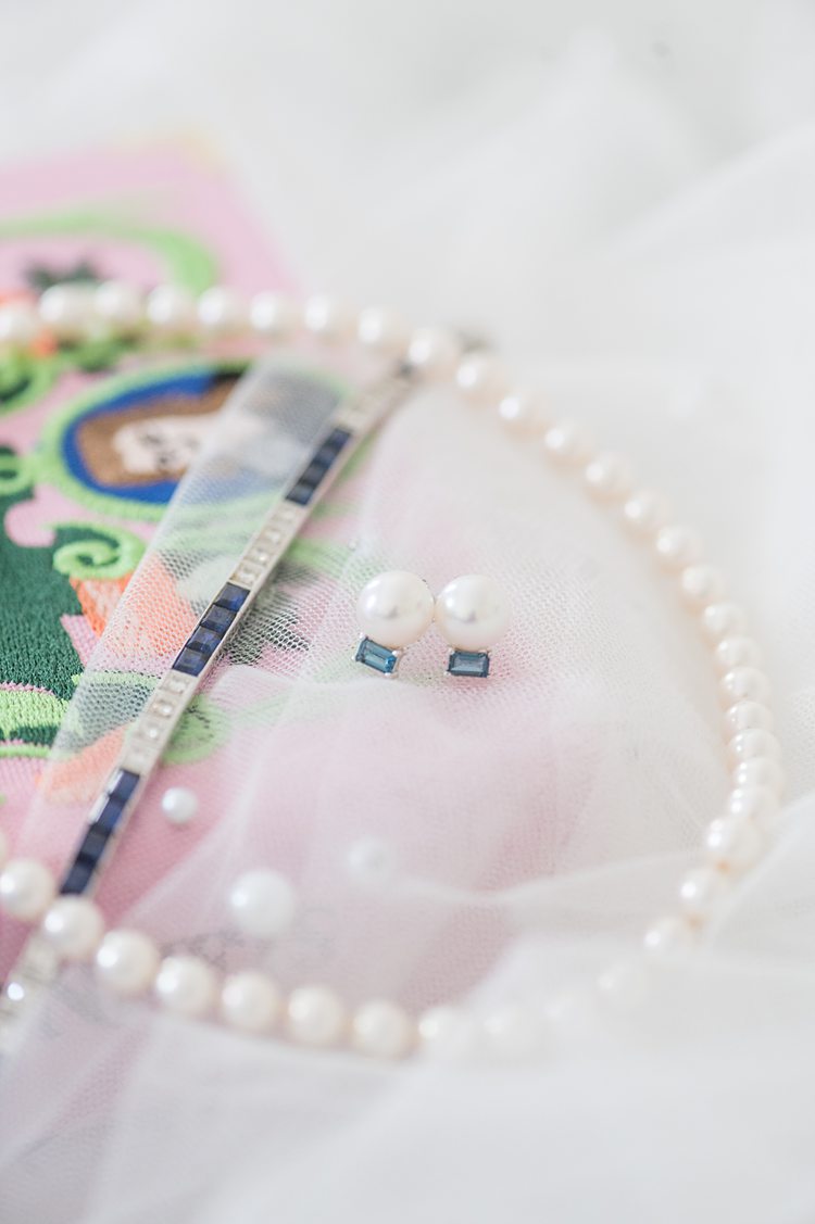 Pearl, sapphire and diamond jewelry details at Sleepy Hollow Country Club wedding.