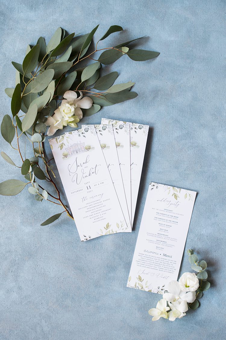 Ceremony programs for a wedding at Sleepy Hollow Country club in New York, with a blue color palette.