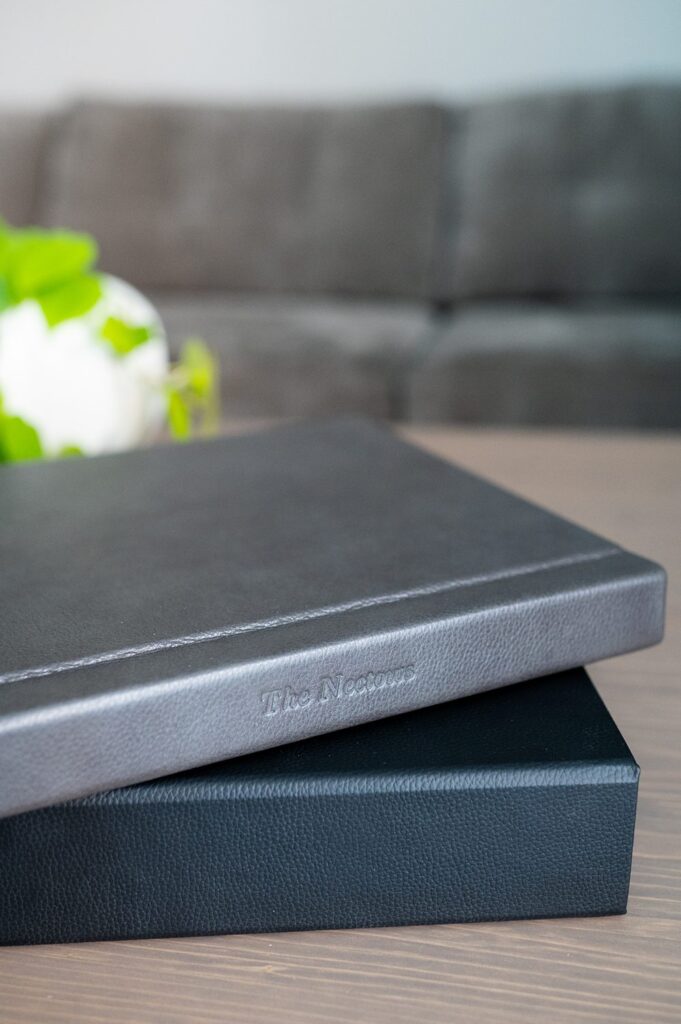 Gray leather wedding album by Mikkel Paige Photography.