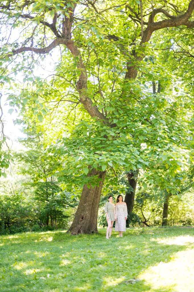 Same sex lesbian couple engagement photos in Riverside Park in NYC by Mikkel Paige Photography.