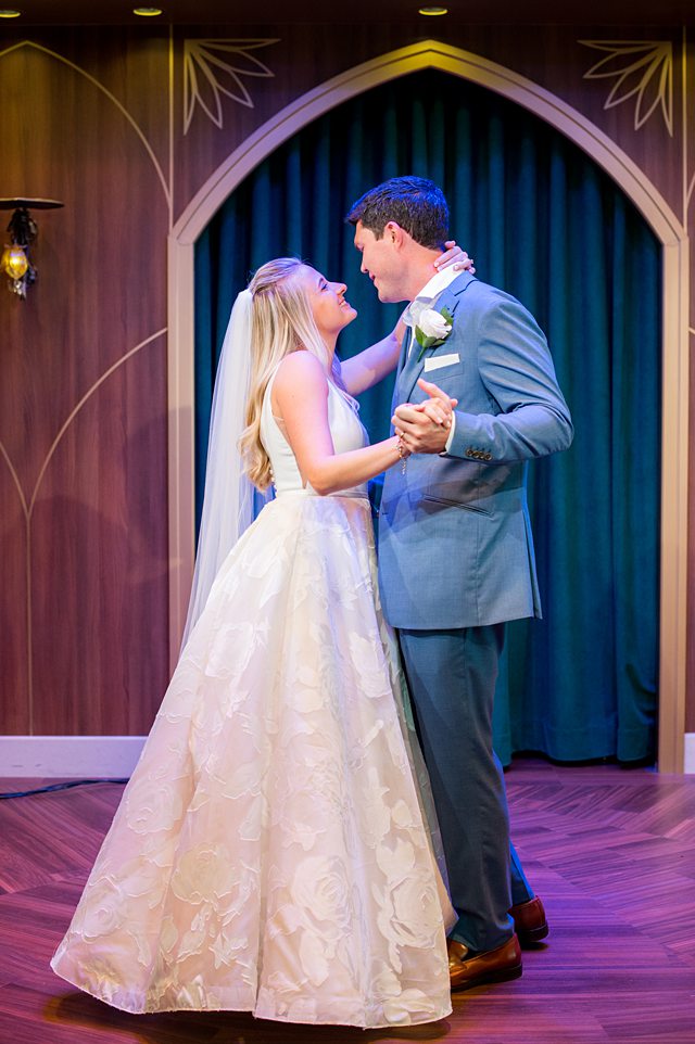 Couple dancing at their wedding reception in The Bayou on Disney Cruise Line.