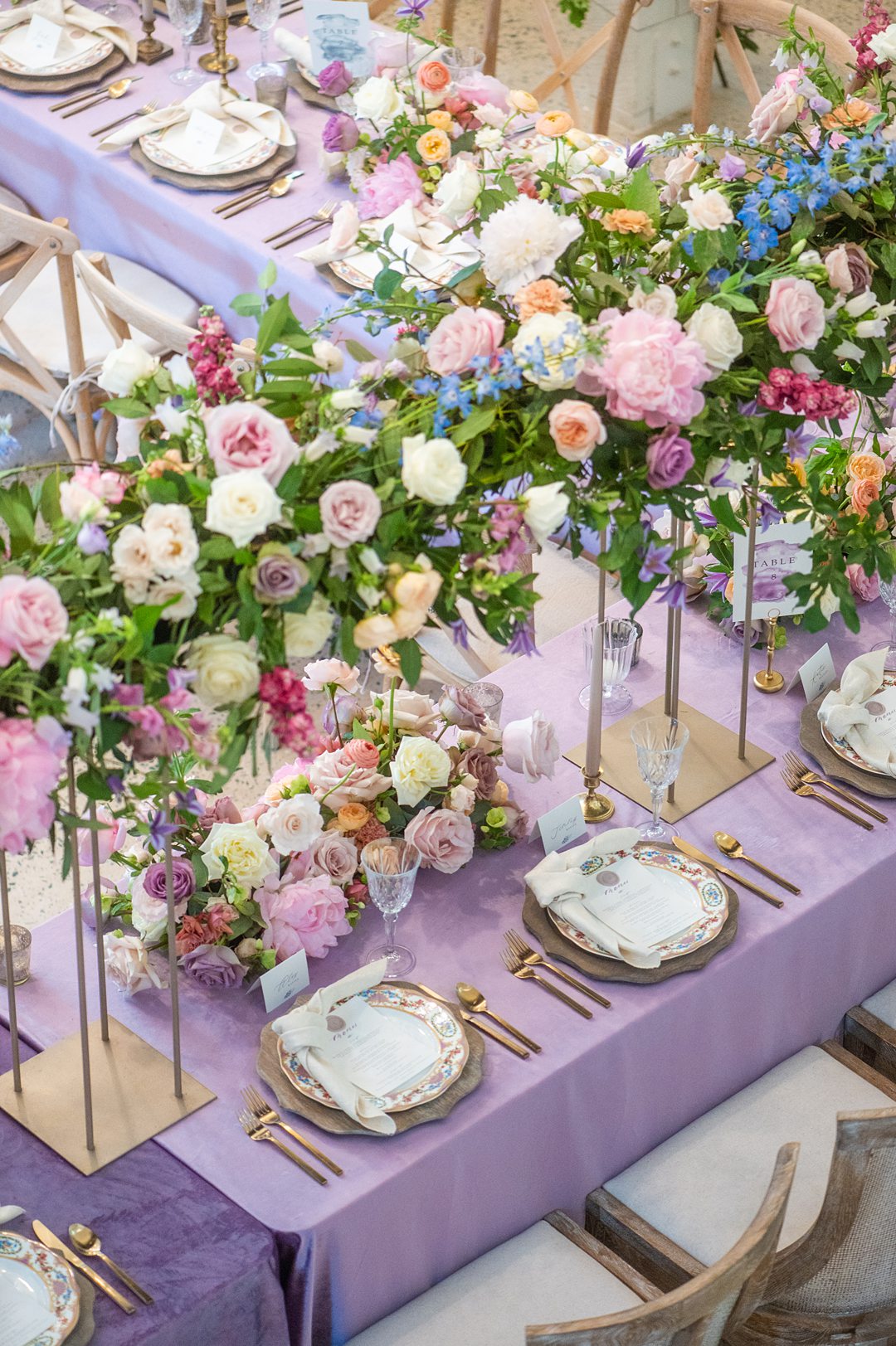 Overhead photo of a tablescape at Carolina Grove in NC by Mikkel Paige Photography, with flowers by Meristem Floral.