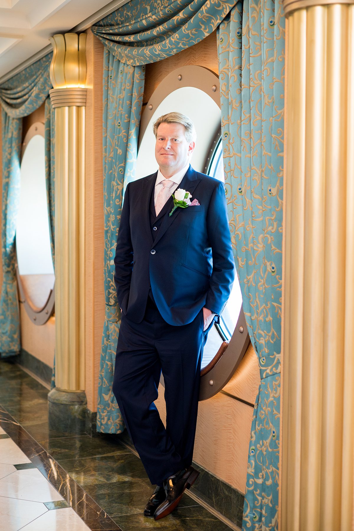 Groom on Disney Fantasy for a cruise line wedding.